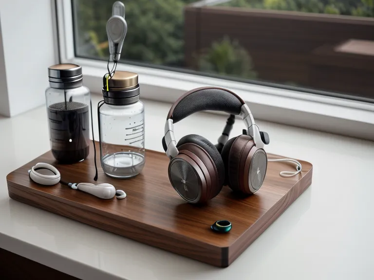 Brain supplement bottles and headphones on a wooden desk.