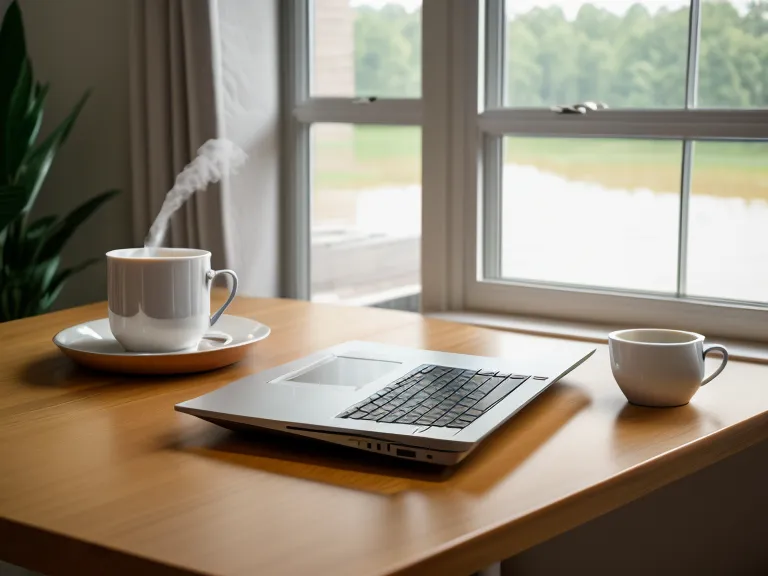 Hands typing on a laptop with tea and supplements nearby.