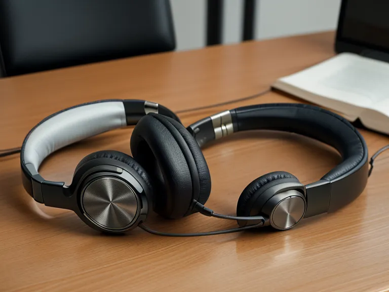 Over-ear headphones and a coffee mug on a desk with tax forms.