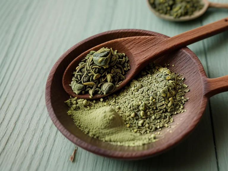 Close-up of green tea leaves and natural herbal powder used for focus supplements.