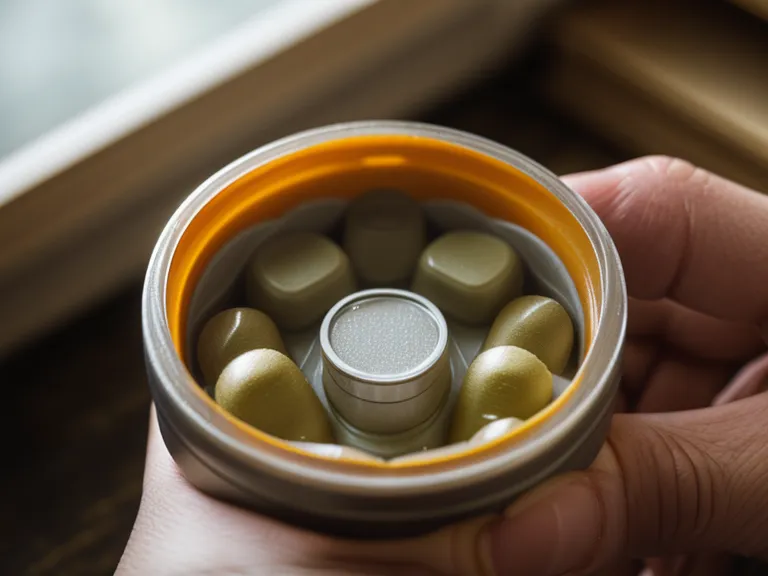 Close-up of a supplement capsule held over an open book.