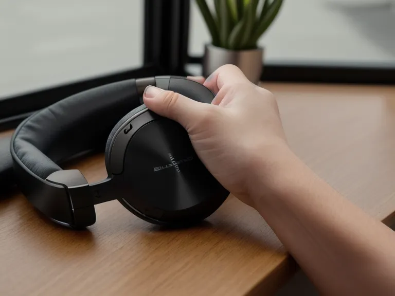 A hand holding headphones over a clean, organized wooden desk.